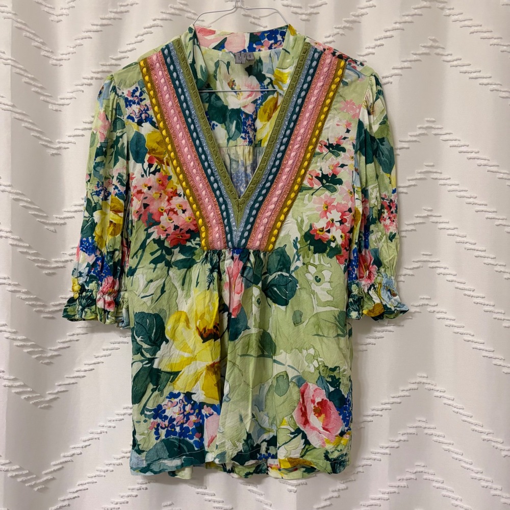 Blank London Floral V-Neck Blouse Green Pink Boho Crochet Trim Small